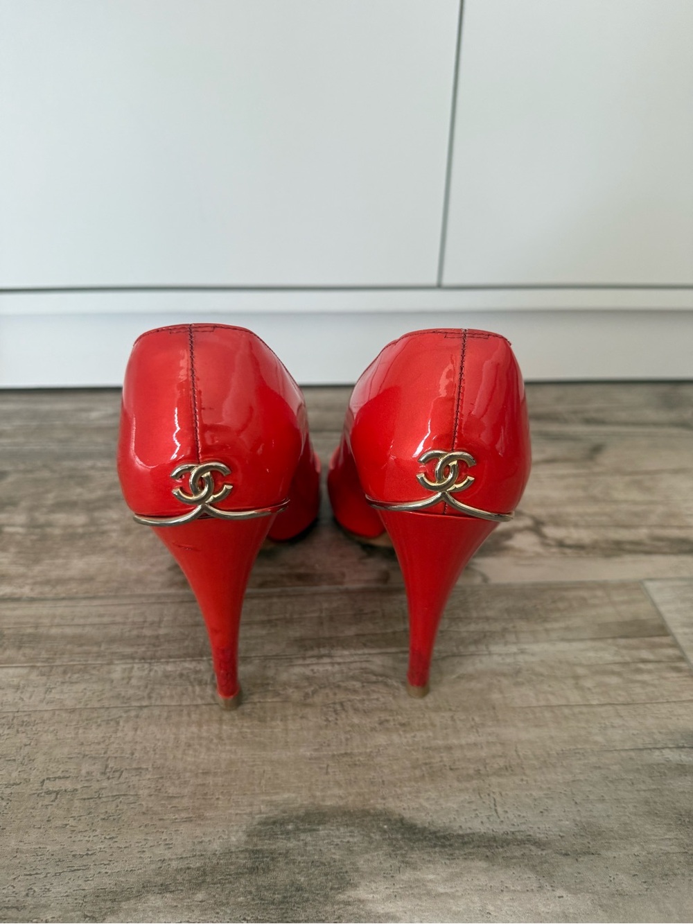 CHANEL Red Patent Peep-Toe Pumps